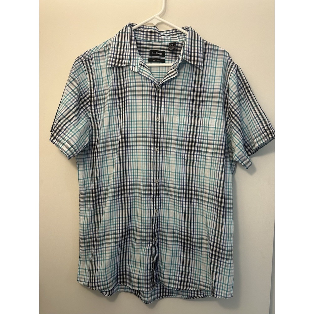 Van Heusen Multicolor Plaid Shirt Slim Fit Short Sleeve Mens L 16-16 1/2